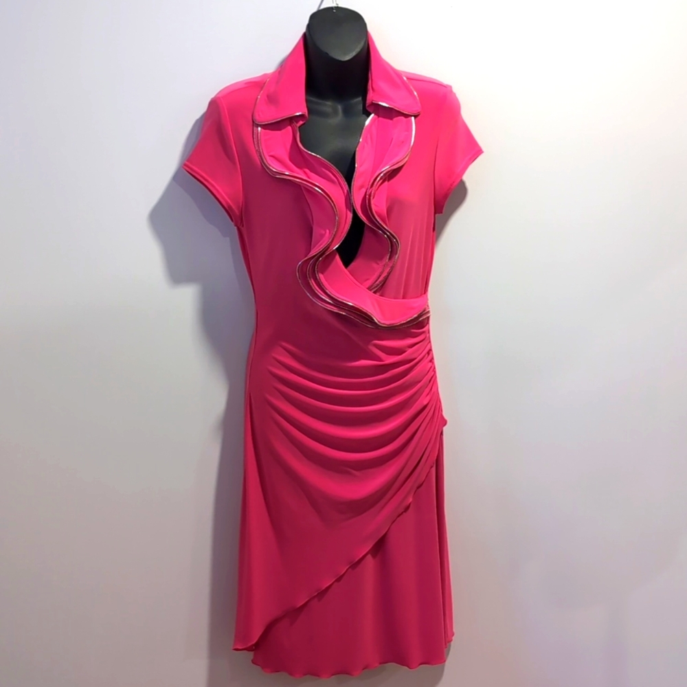 Joseph Ribkoff Pink Ruched Fitted Dress Size 8 Ruffled Neckline